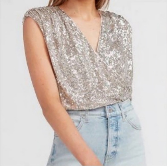 Express Tops - Express Silver Sequin V-Neck Wrap Bodysuit